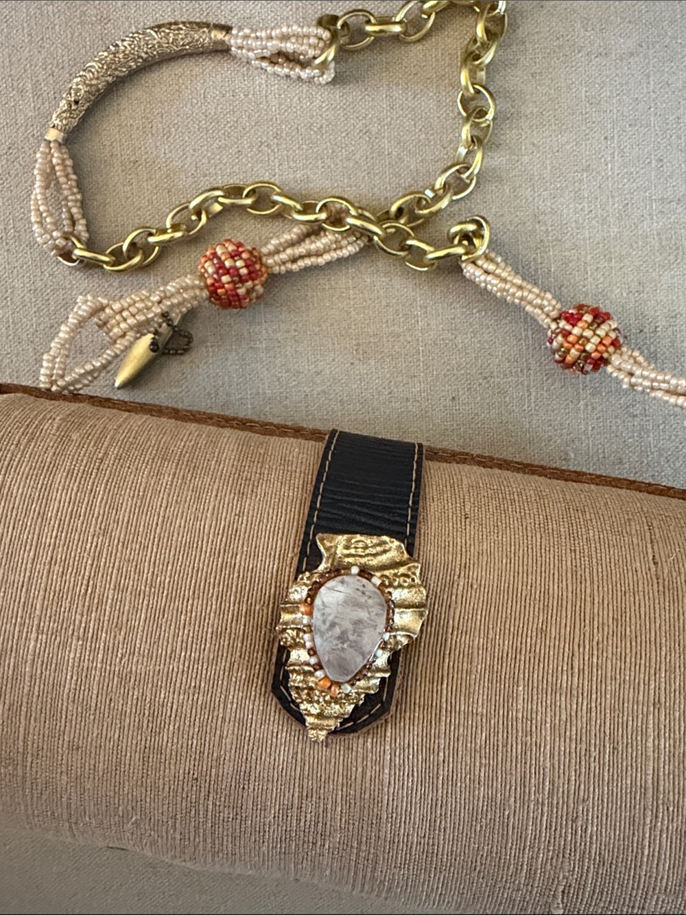 Mary Frances Rare Beaded Embellished Coral Motif Shoulder Bag Gold Tan Red - Picture 6 of 10
